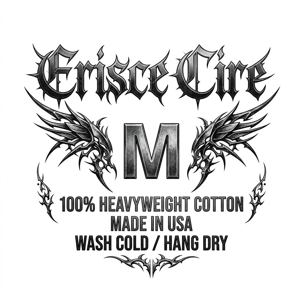 An Erisce Cire Medium Sized tag belonging to the Erisce Cire Silence Graphic T-shirt, featuring an 100% Heavyweight Cotton Made In USA Wash Cold Tag